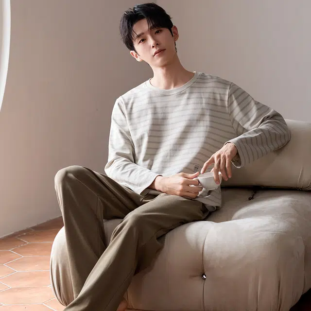 俏霓桐 简约条纹圆领纯棉亲肤舒适百搭休闲长袖长裤家居服可外穿睡衣套装 男款