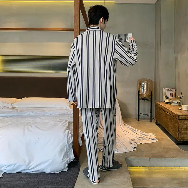 俏霓桐 时尚条纹亲肤舒适柔软长袖长裤开衫休闲可外穿睡衣套装 男款 灰色