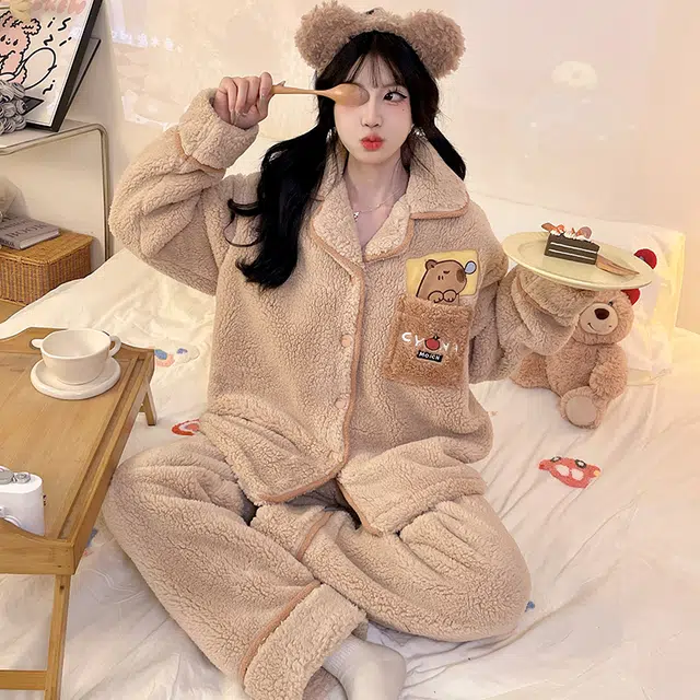 俏霓桐 精致保暖蓄温加绒加厚可爱卡通简约舒适柔软少女风家居服可外穿睡衣套装 女款