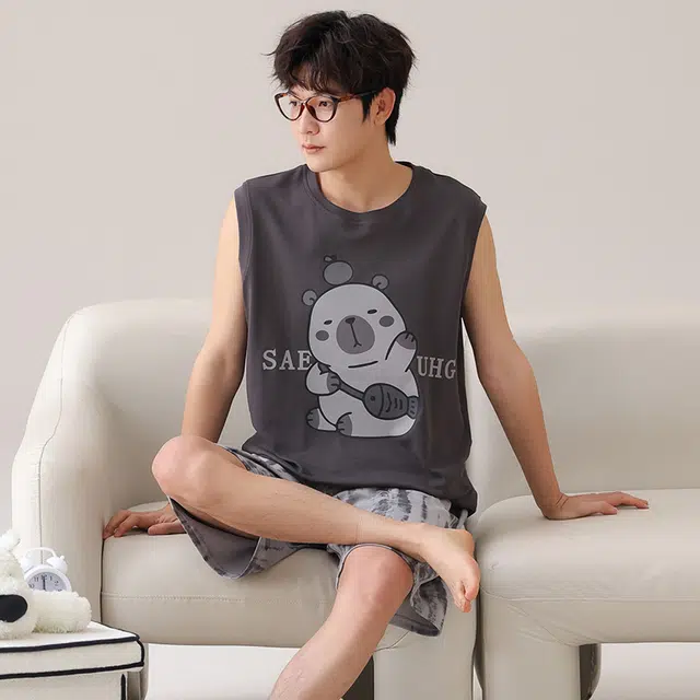 俏霓桐 简约可爱卡通时尚休闲舒适无袖家居服可外穿夏季睡衣套装 男款 图色