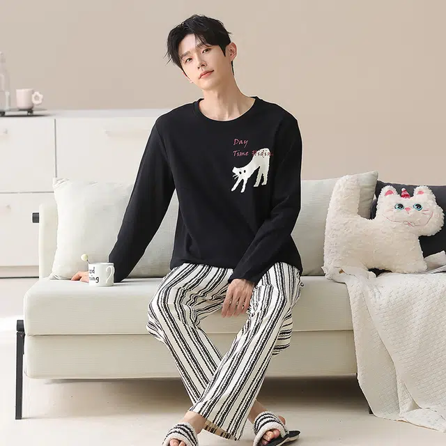 俏霓桐 可爱卡通简约条纹纯棉亲肤圆领休闲舒适百搭长袖长裤家居服可外穿睡衣套装 男款
