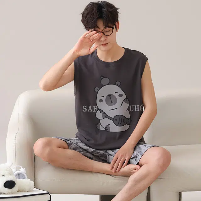 俏霓桐 简约可爱卡通时尚休闲舒适无袖家居服可外穿夏季睡衣套装 男款 图色