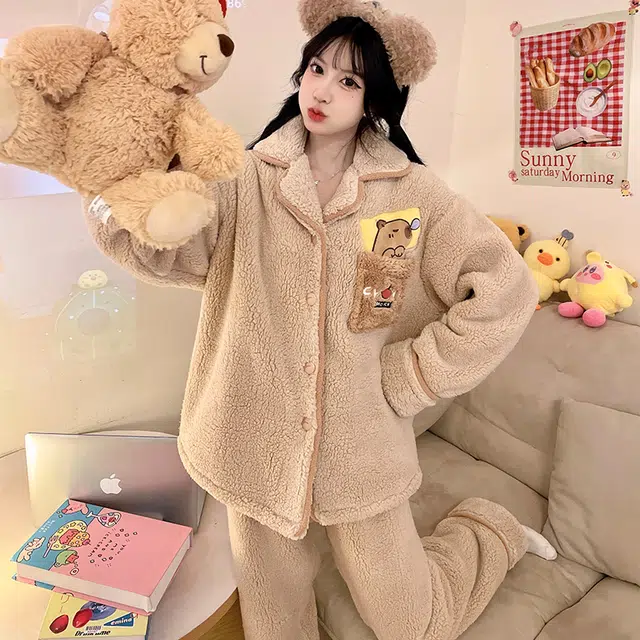 俏霓桐 精致保暖蓄温加绒加厚可爱卡通简约舒适柔软少女风家居服可外穿睡衣套装 女款