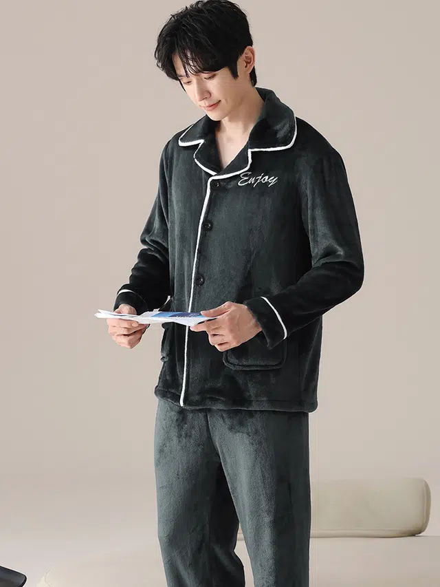 俏霓桐 时尚休闲轻奢高级感保暖蓄温法兰绒加绒加厚长袖长裤家居服可外穿睡衣套装 男款