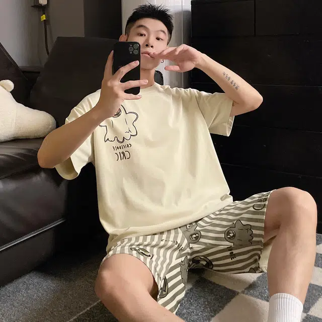 俏霓桐 薄款时尚搞怪可爱卡通简约休闲舒适透气家居服可外穿夏季睡衣套装 男款