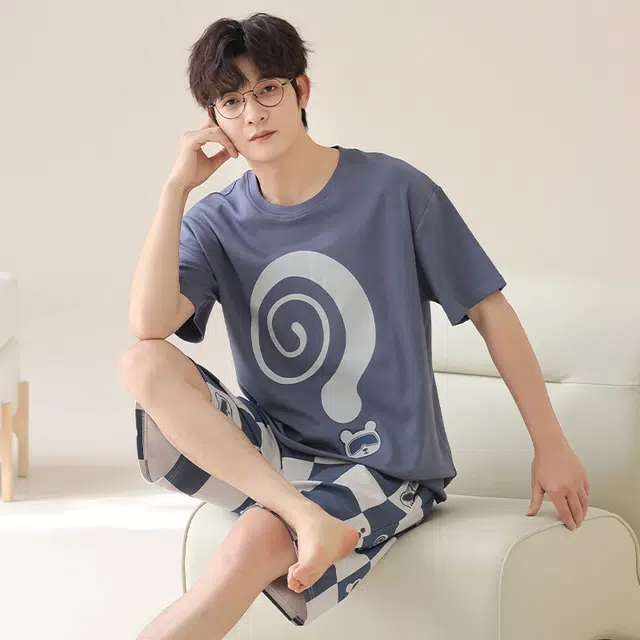 俏霓桐 夏季简约时尚休闲可爱卡通舒适家居服可外穿睡衣套装 男款 图色