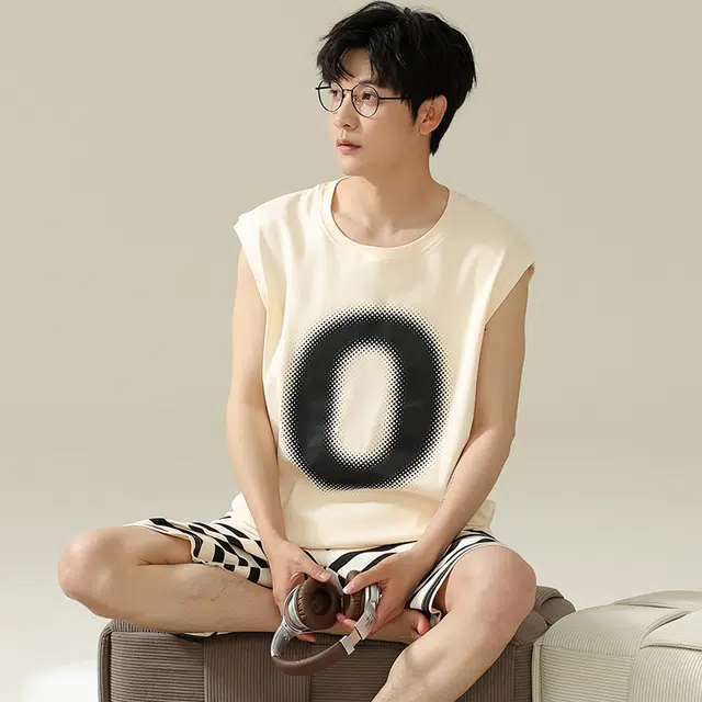 俏霓桐 简约舒适亲肤无袖背心家居服可外穿休闲五分裤睡衣套装 男款 杏色