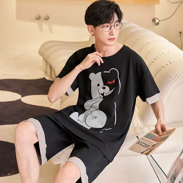 俏霓桐 时尚可爱简约休闲卡通舒适亲肤家居服可外穿睡衣套装 男款 图色