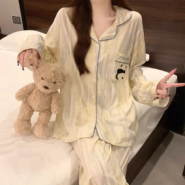 俏霓桐 卡通简约休闲可爱舒适亲肤长袖上衣家居服可外穿长裤睡衣套装 女款 杏色