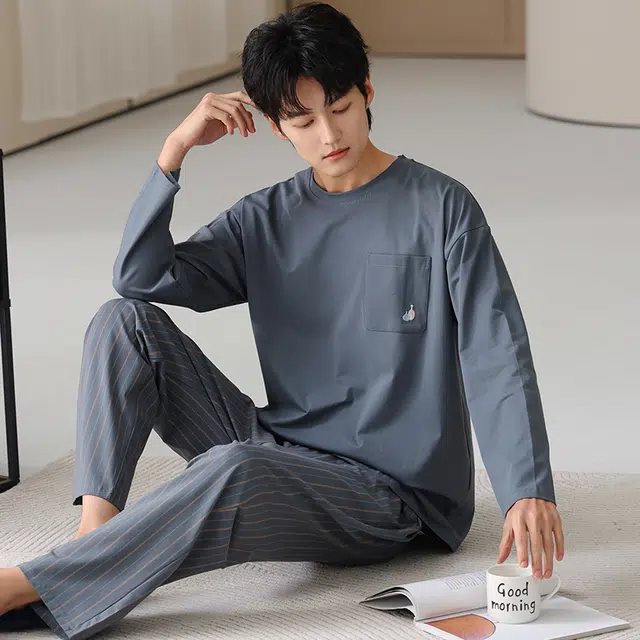 俏霓桐 春秋款简约条纹纯棉亲肤舒适休闲百搭宽松圆领长袖长裤家居服可外穿睡衣套装 男款