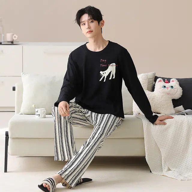 俏霓桐 可爱卡通简约条纹纯棉亲肤圆领休闲舒适百搭长袖长裤家居服可外穿睡衣套装 男款
