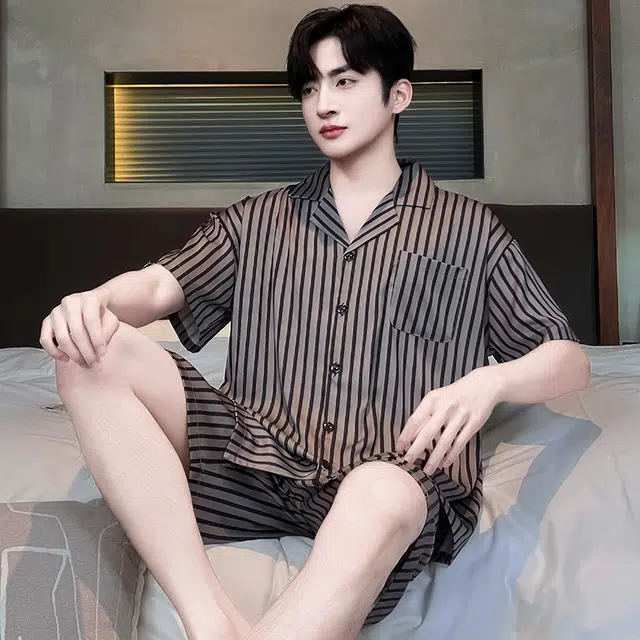 俏霓桐 时尚条纹简约高级感休闲舒适凉感家居服可外穿睡衣套装 男款 图色