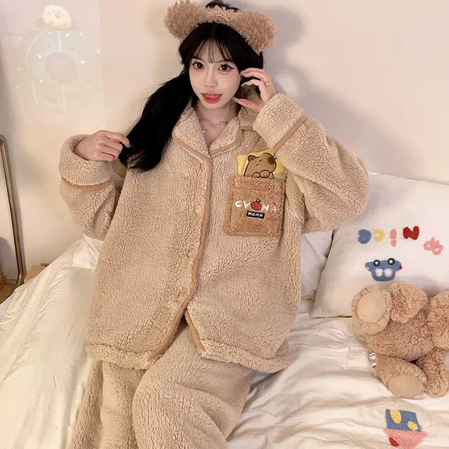 俏霓桐 精致保暖蓄温加绒加厚可爱卡通简约舒适柔软少女风家居服可外穿睡衣套装 女款