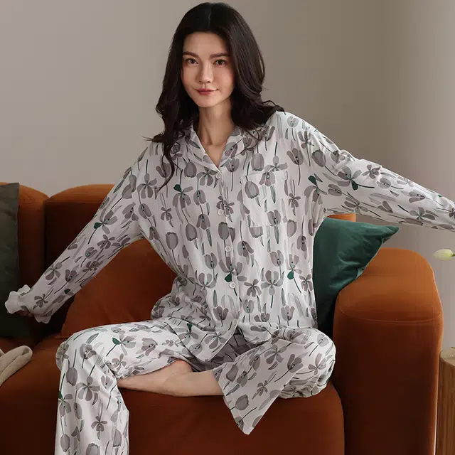 俏霓桐 春秋款复古精致花朵清新优雅甜美舒适纯棉亲肤长袖长裤家居服可外穿睡衣套装 女款