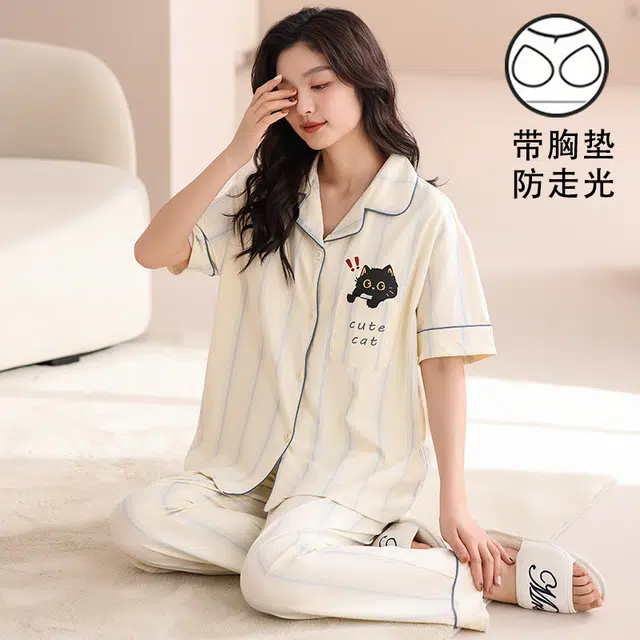 俏霓桐 薄款甜美可爱卡通简约条纹休闲棉透气亲肤带胸垫家居服可外穿睡衣套装 女款