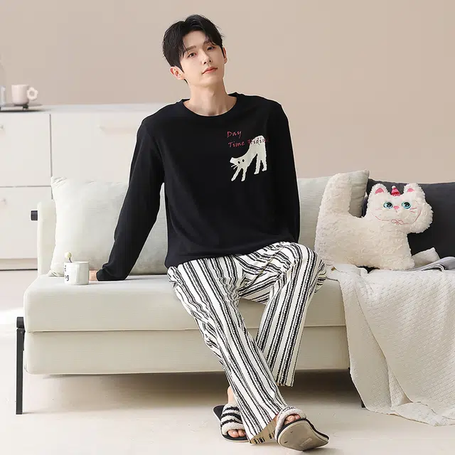俏霓桐 可爱卡通简约条纹纯棉亲肤圆领休闲舒适百搭长袖长裤家居服可外穿睡衣套装 男款