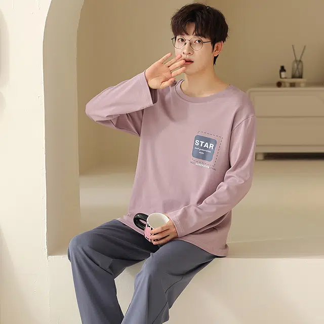 俏霓桐 春秋款简约字母纯棉亲肤运动休闲百搭舒适圆领长袖长裤家居服可外穿睡衣套装 男款