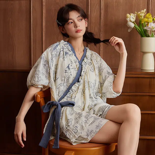 俏霓桐 复古时尚潮流简约大气舒适带胸垫短袖家居服可外穿三分裤睡衣套装 女款