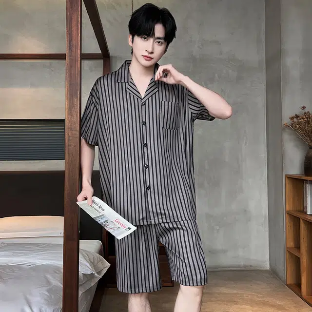 俏霓桐 时尚条纹简约高级感休闲舒适凉感家居服可外穿睡衣套装 男款 图色