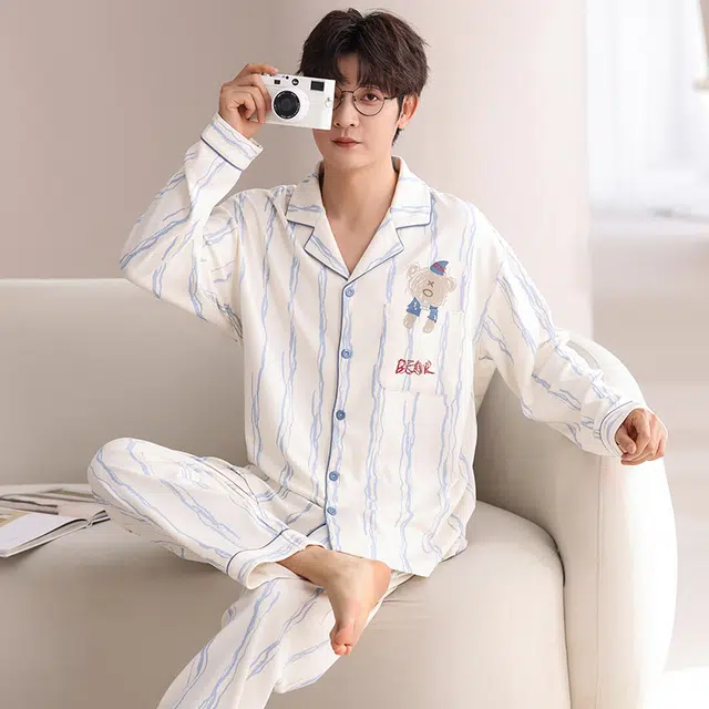 俏霓桐 时尚大方舒适亲肤翻领长袖长裤可外穿睡衣套装 男款 图色