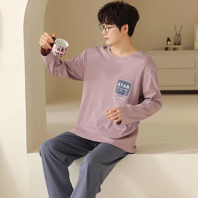 俏霓桐 春秋款简约字母纯棉亲肤运动休闲百搭舒适圆领长袖长裤家居服可外穿睡衣套装 男款