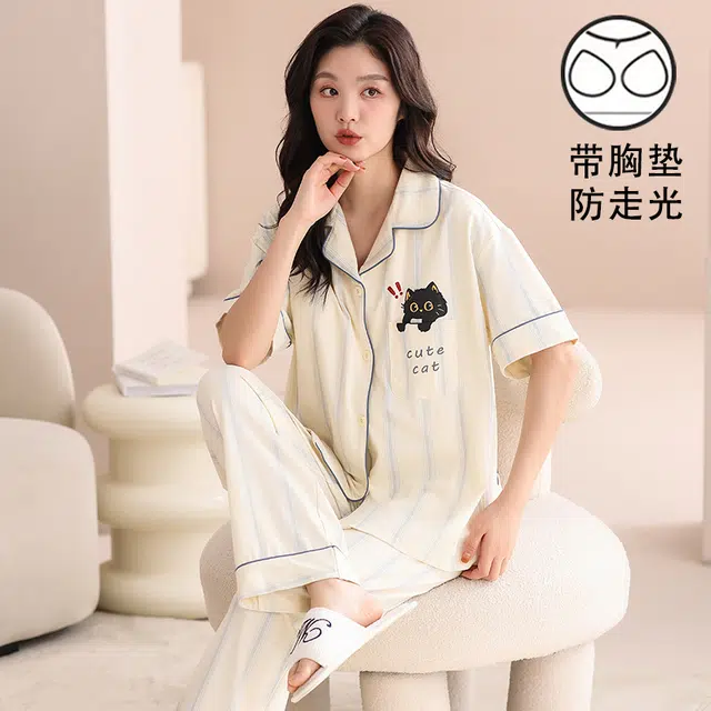 俏霓桐 薄款甜美可爱卡通简约条纹休闲棉透气亲肤带胸垫家居服可外穿睡衣套装 女款