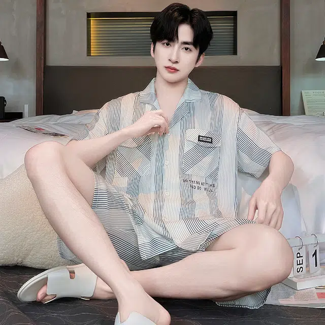 俏霓桐 时尚简约条纹休闲高级舒适凉感家居服可外穿夏季睡衣套装 男款 图色