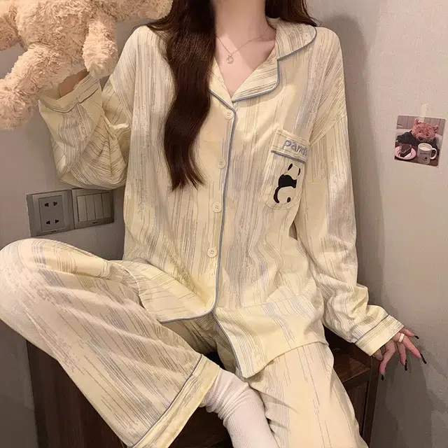 俏霓桐 卡通简约休闲可爱舒适亲肤长袖上衣家居服可外穿长裤睡衣套装 女款 杏色