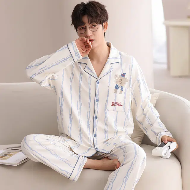 俏霓桐 时尚大方舒适亲肤翻领长袖长裤可外穿睡衣套装 男款 图色