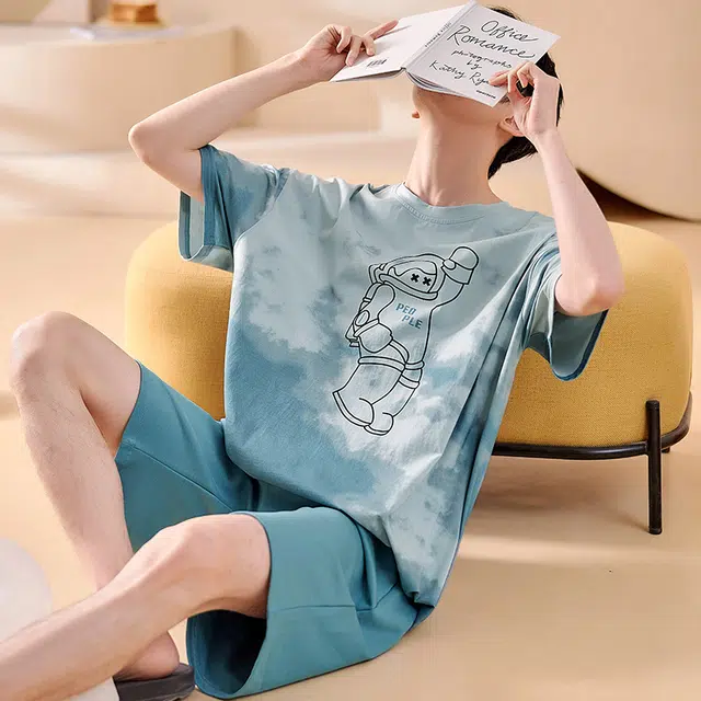 俏霓桐 夏季时尚简约休闲青春可爱卡通舒适家居服可外穿睡衣套装 男款 图色