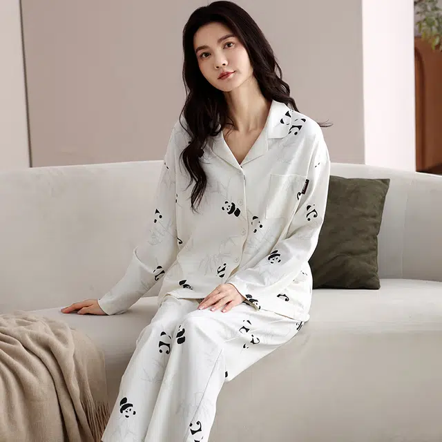 俏霓桐 春秋款可爱卡通熊猫甜美竹叶舒适纯棉亲肤长袖长裤家居服可外穿睡衣套装 女款