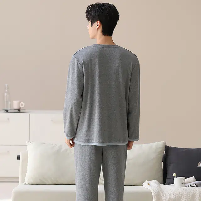 俏霓桐 时尚拼色纯棉亲肤圆领简约休闲舒适柔软长袖长裤家居服可外穿睡衣套装 男款