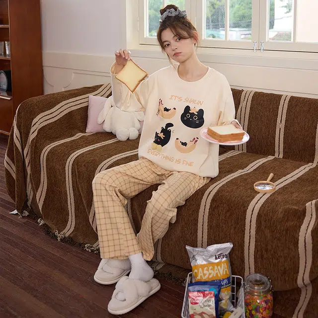 俏霓桐 春秋款甜美可爱卡通圆领简约格子休闲带胸垫长袖长裤家居服可外穿睡衣套装 女款