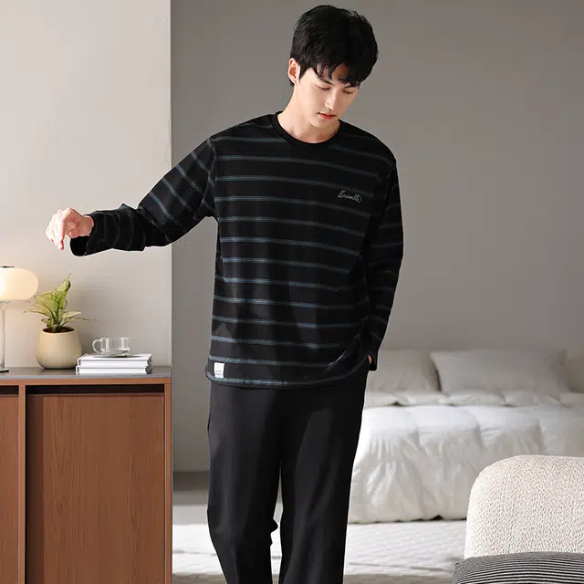 俏霓桐 春秋款简约时尚条纹纯棉亲肤运动休闲百搭舒适圆领长袖长裤家居服可外穿睡衣套装 男款