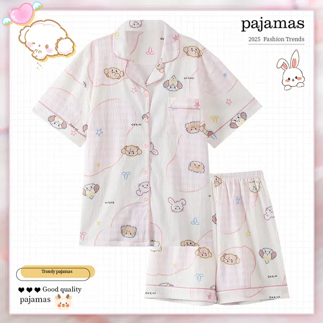 俏霓桐 薄款甜美可爱卡通少女风简约休闲透气舒适家居服可外穿夏季睡衣套装 女款