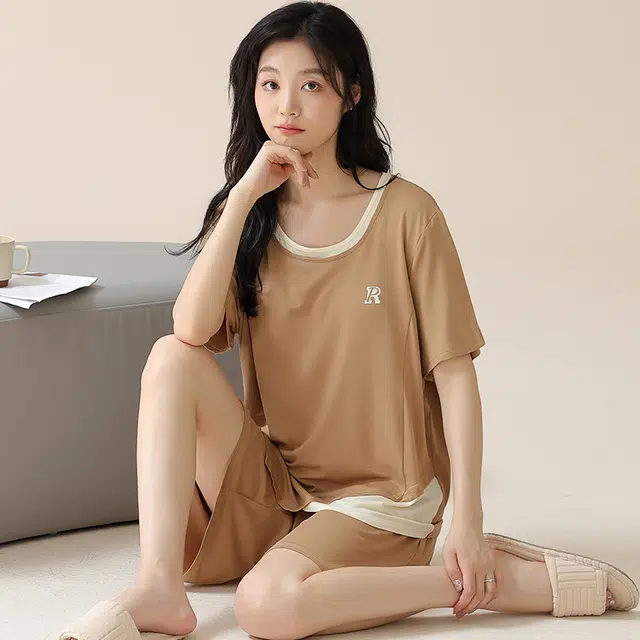 俏霓桐 薄款时尚简约休闲大方高级感舒适带胸垫家居服可外穿夏季睡衣套装 女款