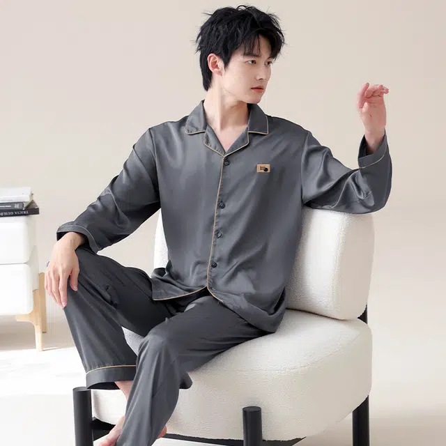 俏霓桐 简约高级感耐看舒适凉感家居服长袖长裤可外穿睡衣套装 男款 图色