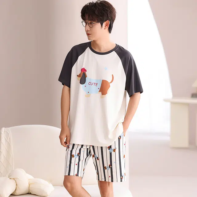 俏霓桐 可爱卡通小狗休闲简约条纹舒适家居服可外穿夏季睡衣套装 男款 图色