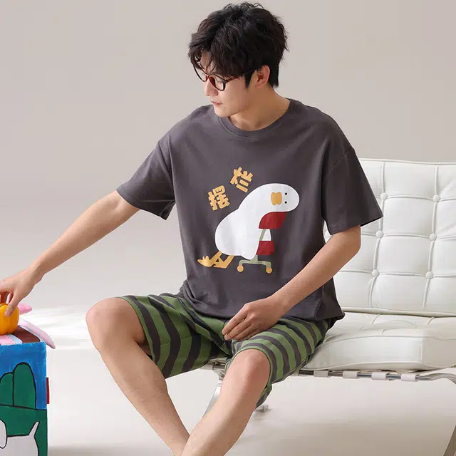 俏霓桐 时尚可爱卡通休闲简约条纹舒适家居服可外穿夏季睡衣套装 男款 图色