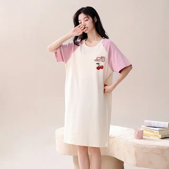 都市丽人 休闲亲肤可外穿家居服免穿文胸短袖睡裙 女款 杏色