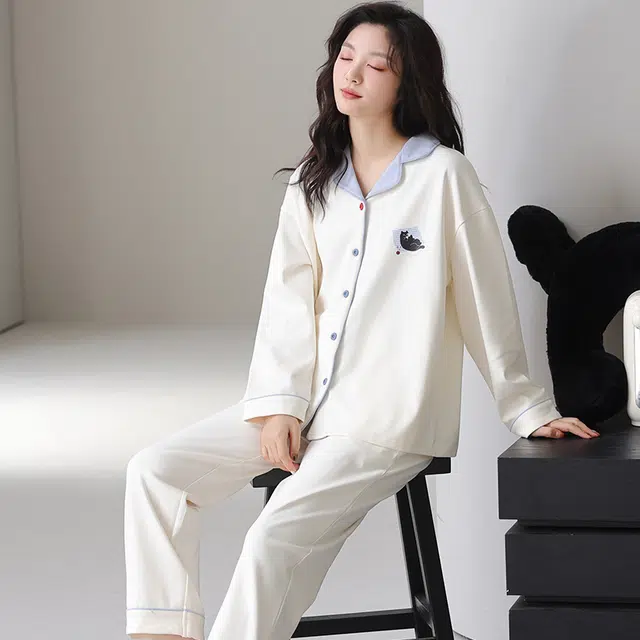 都市丽人 休闲纯色开衫时尚长袖家居服可外穿睡衣套装 女款 图片色