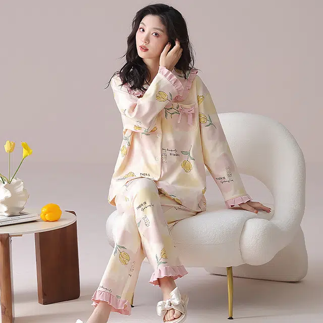 都市丽人 甜美风设计长袖印花套头时尚休闲可外穿拼接花边睡衣套装 女款 图片色