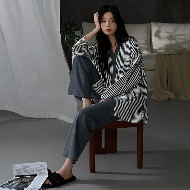 都市丽人 抑菌舒适休闲开衫长袖长裤家居服可外穿睡衣套装 女款 图片色