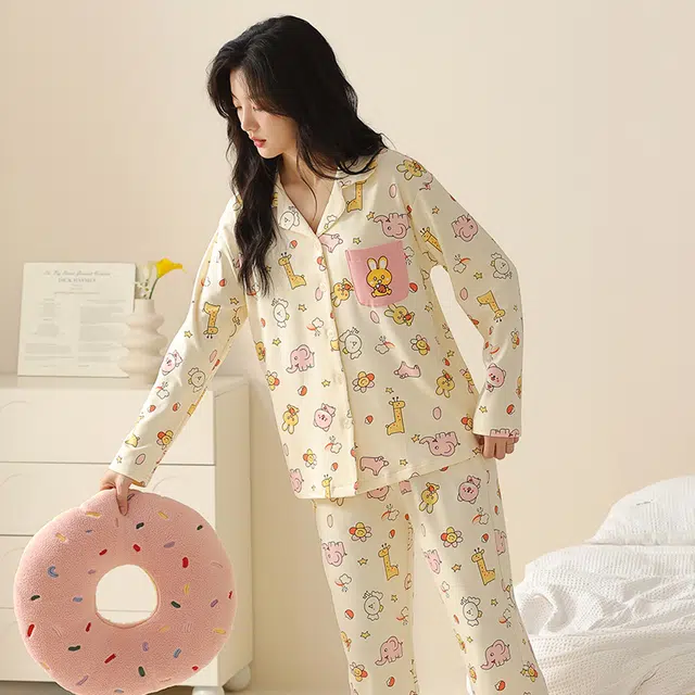 都市丽人 卡通印花设计长袖开衫时尚家居服休闲可外穿睡衣套装 女款 图片色