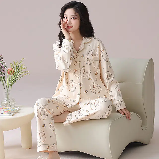 都市丽人 甜美风设计长袖印花开衫时尚家居服休闲可外穿睡衣套装 女款 图片色