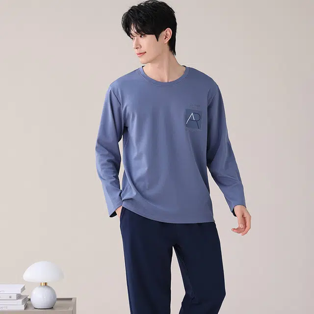 都市丽人 纯色简约长袖纯棉时尚家居服休闲可外穿大码睡衣套装 男款 图片色