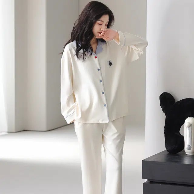 都市丽人 休闲纯色开衫时尚长袖家居服可外穿睡衣套装 女款 图片色