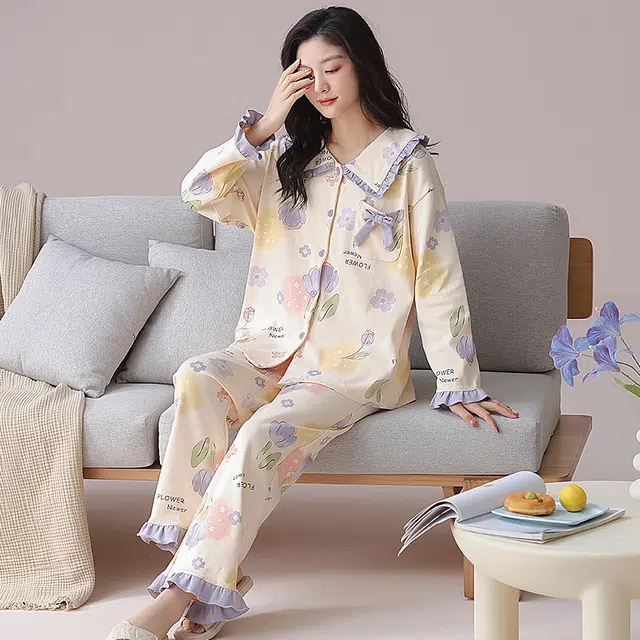 都市丽人 甜美风设计长袖印花套头时尚长裤休闲可外穿蝴蝶结睡衣套装 女款 图片色