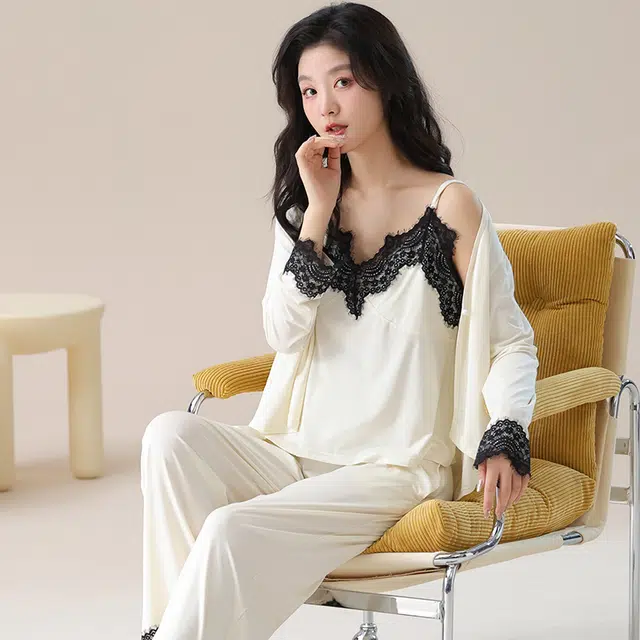 都市丽人 轻奢风印花开衫时尚吊带长袖长裤休闲可外穿睡衣套装 女款 图片色