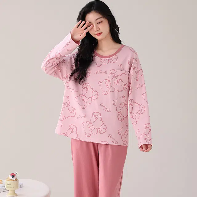 都市丽人 卡通印花简约设计长袖套头时尚家居服休闲可外穿睡衣套装 女款 图片色